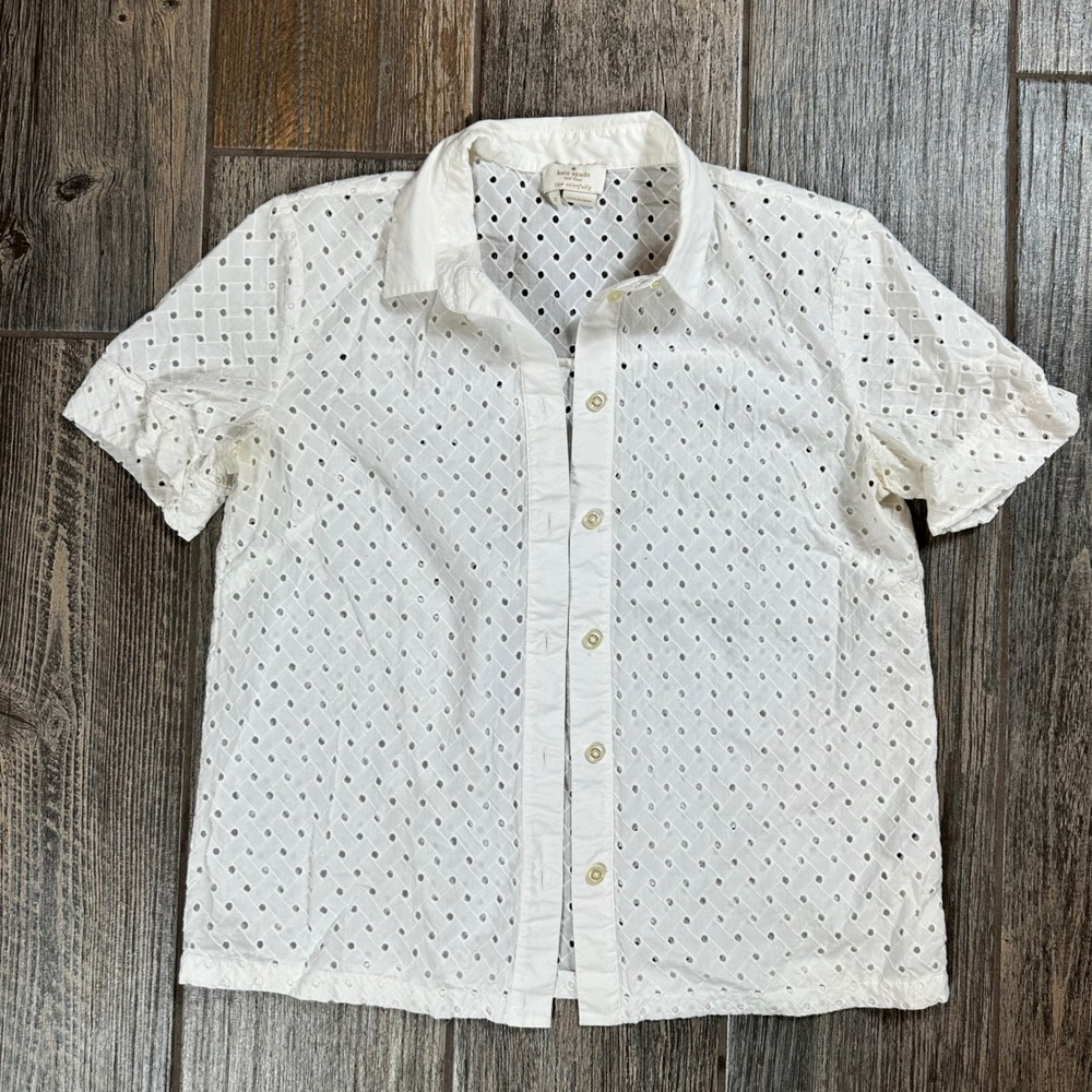 Kate Spade New York White Eyelet Shirt Short Sleeve Button Down Top - Sz‎ 2